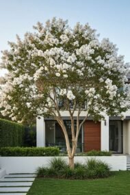 – White Crape Myrtle – White Crepe Myrtle – Lagerstroemia ‘Sarah’s Favorite’من أسمائها المتداولة: تمر حنا أبيض – لاغرستروميا أبيض – تمر حنة أبيض – كريب ميرتل أبيض